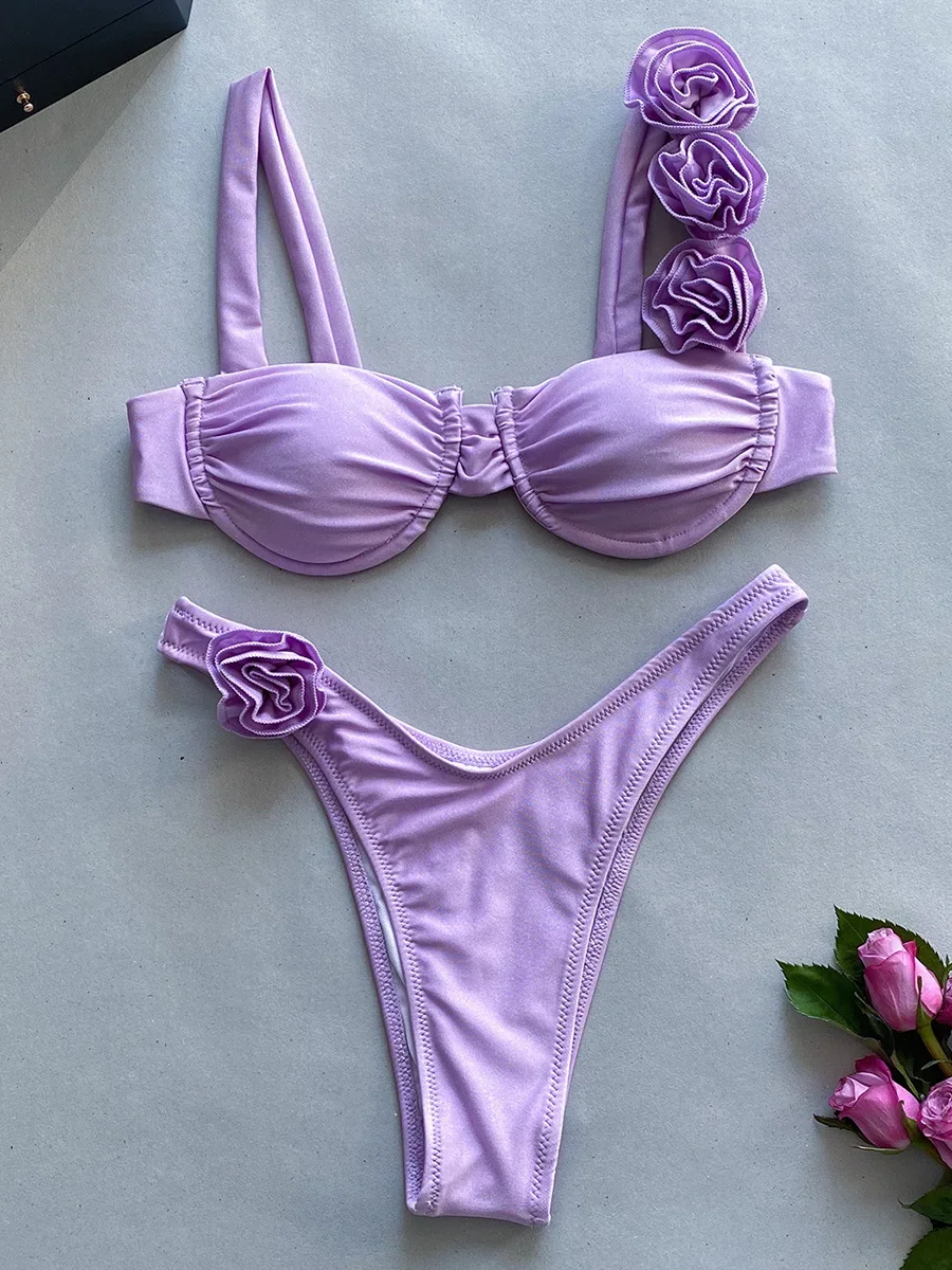 Sexy 3D Blumen Bügel Brasilianischen Bikini Frauen Bademode Weiblichen Badeanzug Zwei-stück Bikini Set Dreieck Badeanzug Schwimmen Dame Image