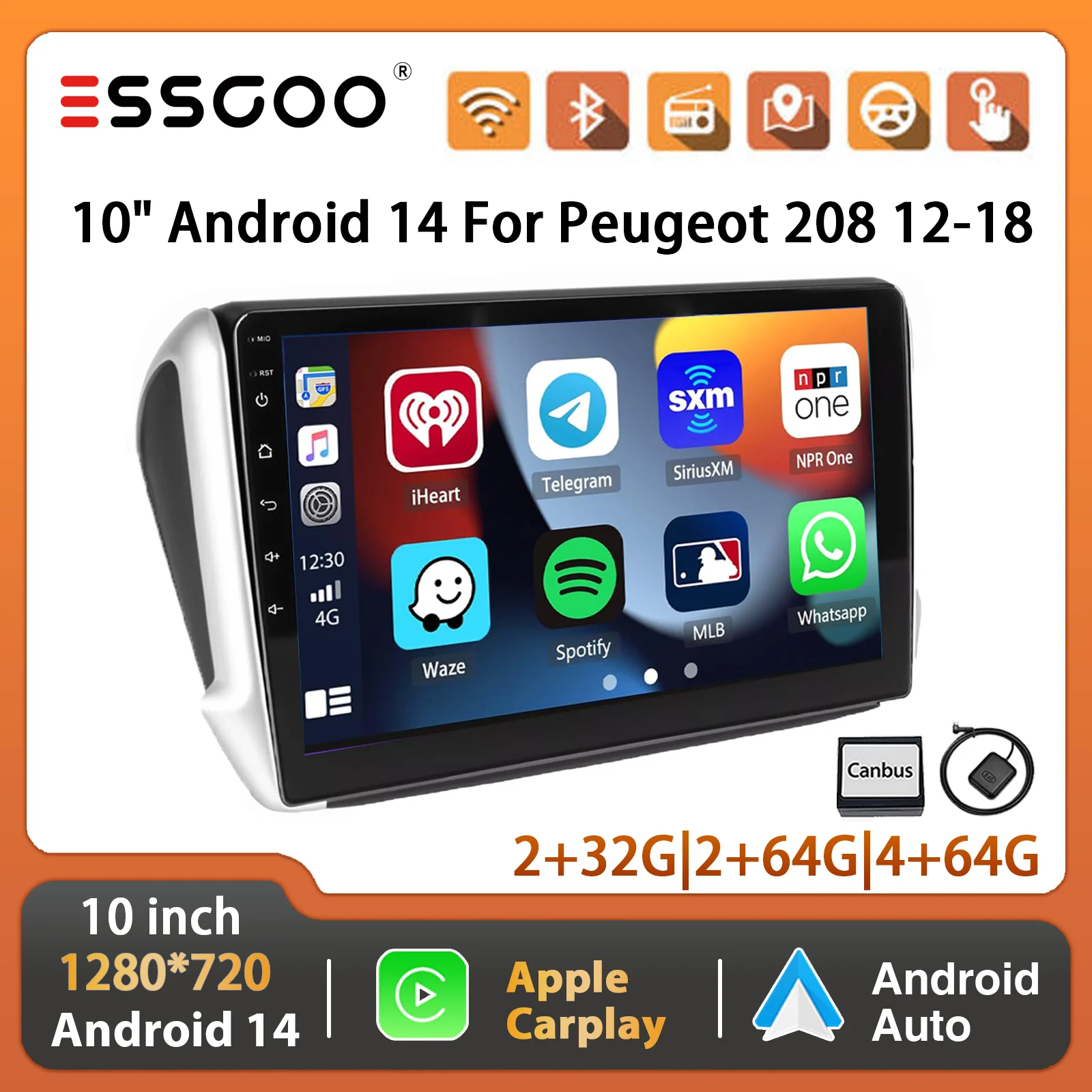 ESSGOO Android 14 Für Peugeot 208 12-18 10 "Display Auto Stereo Radio GPS Navi Carplay Android auto Wifi BT FM RDS Spiegel Link SWC Image
