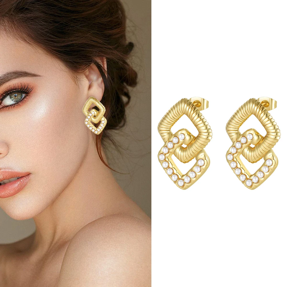 ‌ 2025, neue goldfarbene Edelstahl-Block-Ohrstecker, hypoallergen, leichter Luxusschmuck für Frauen, für den Alltag und auf Partys Image