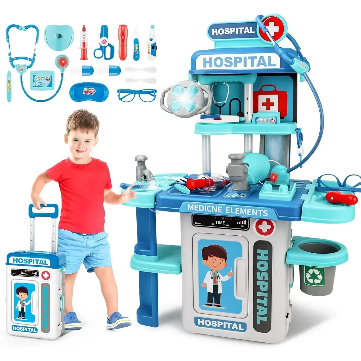 2-in-1-Arzt-Set für Kinder, Rollenspiel, medizinische Station mit Stethoskop, Thermometer, Geräuschen und Lichtern, Arztspielzeug für Jungen und Mädchen Image