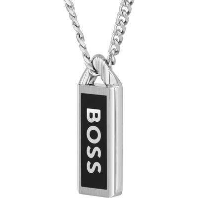 Kette mit Anhänger BOSS "KASSY EMBLEM, 1580677", schwarz (edelstahlfarben, schwarz), Halsketten, Herren, Edelstahl, L: 56cm B: 6mm, mit Emaille, B:6mm Image