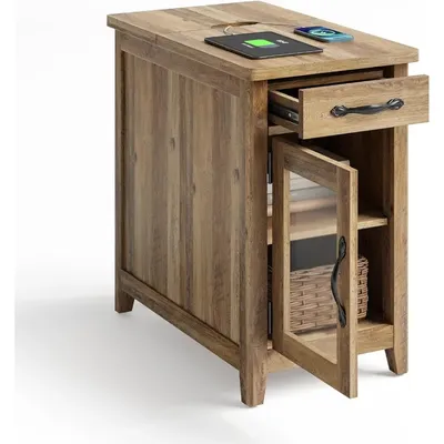 Farmhouse End Table with Charging Station, Narrow Side Table for Living Room, Sofa Side Table with