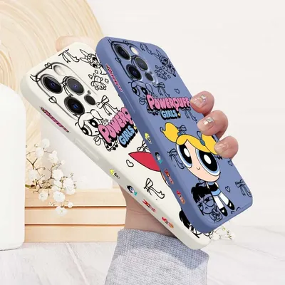 P-Powerpuffs Girls Cute For Apple iPhone 16 15 14 13 12 11 XR XS X Pro Max Plus Liquid Left Rope