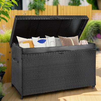 Wicker Deck Box with Wheels, Rattan Outdoor Storage for Furniture, Cushions, Pool & Garden Tools