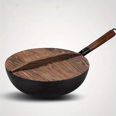 TEMU 1pc, Cast Iron Wok (32.0cm), Stir-fry Pan, , Flat Bottom Cookware, For Induction, Electric, Gas, Halogen, All Stoves, Kitchen Utensils, Kitchen Gadgets, Kitchen Accessories, Home Kitchen Items