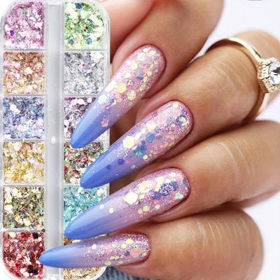 TEMU 12-grid Holographic Mermaid Nail Art Stickers, 3d Rainbow Glitter Flake, Ultra-thin Shiny Sequins, Hypoallergenic Rectangle Nail Art Accessories For Women Image