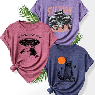 TEMU 3pcs Cartoon Print Comfy T-shirt, Round Neck Short Sleeve Sports Tee, Women's Activewear Image
