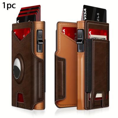 TEMU 1pc Men's Bifold Minimalist Smart Wallet With Rfid Blocking, Id Window & Stretchable Cash Slot - Compact Metal Aluminum Card Holder In Leather, Perfect Gift For Father's Day & Valentine's Day Image