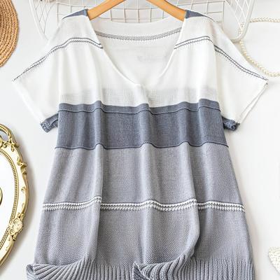 TEMU Women's Spring Summer Casual Vacation Sweater - V-neck Short Sleeve Color Block Striped Top, White & Yellow Regular Fit Elegant Resort Wear, Comfortable Wear Image