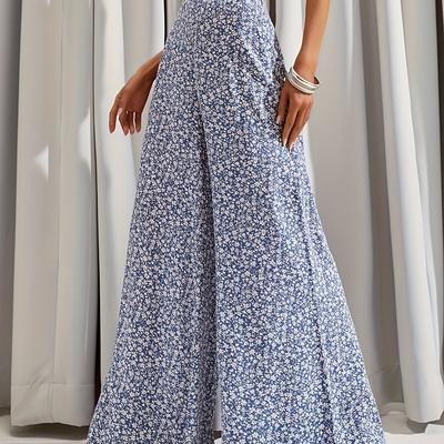 TEMU Women's Floral Print Wide-leg Pants - , Casual High-waisted Trousers For Casual Attire, Casual Attire Pants|floral Pattern Trousers| Image