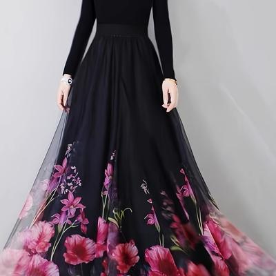 TEMU Elegant Floral Print A-line Midi Skirt With Sheer Overlay And Gathered Waist - Chic Spring/summer Long Skirt For Women, Polyester, Vibrant Pink And Red Flowers Background, Wear Image
