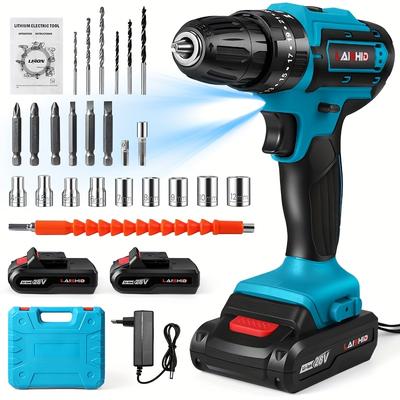 TEMU High Power Brushless Lithium Drill With 2 Batteries And Charger, Household Multifunctional Charging Pistol Drill, Electric Screwdriver And Screwdriver, Suitable For Home And Yard Use Image