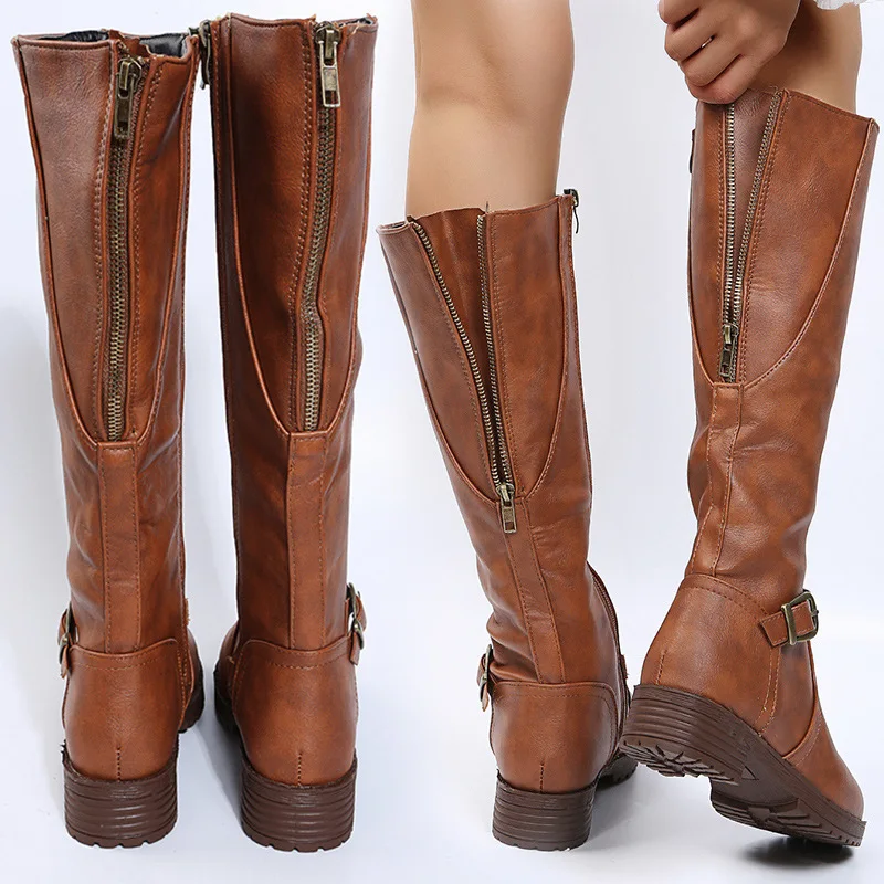 Frauen Kniehohe Stiefel Plattform Lange Stiefel Low Heels Runde Kappe Schuhe Neue Zip Braun Hohe Stiefel Vintage Pu Leder Frauen Stiefel 2025