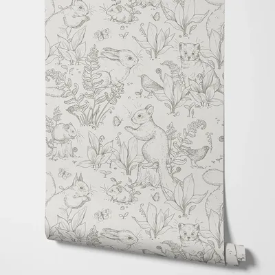 Forest Life Tapete in Grau. Graue Tapete mit Tieren im Waldstil mit Kaninchen und kleinem Prärenhund Image