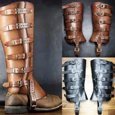 Medieval Greaves Boots Shoes Cover Leather Leg Guard Armor Larp Viking Warrior Knight Cosplay Image