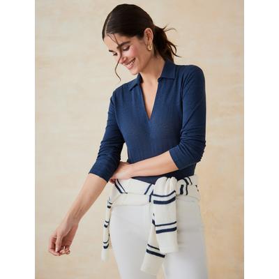 J.McLaughlin Women's Aida 3/4 Sleeve Linen Top Navy, Size Medium | Linen/Spandex