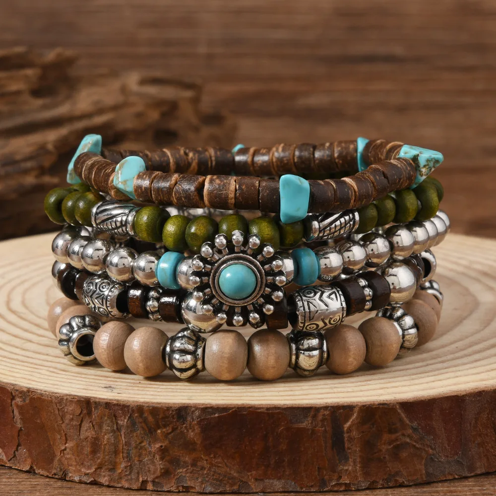 Böhmen Vintage Tribal Holz Perlen Armbänder Für Männer Multi Layer Mode Retro Blume Türkis Armbänder Geschenke