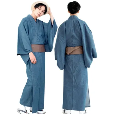 Japanischer Kimono-Denim-Einzelmantel, 3er-Größen, lange Robe für Herren Image
