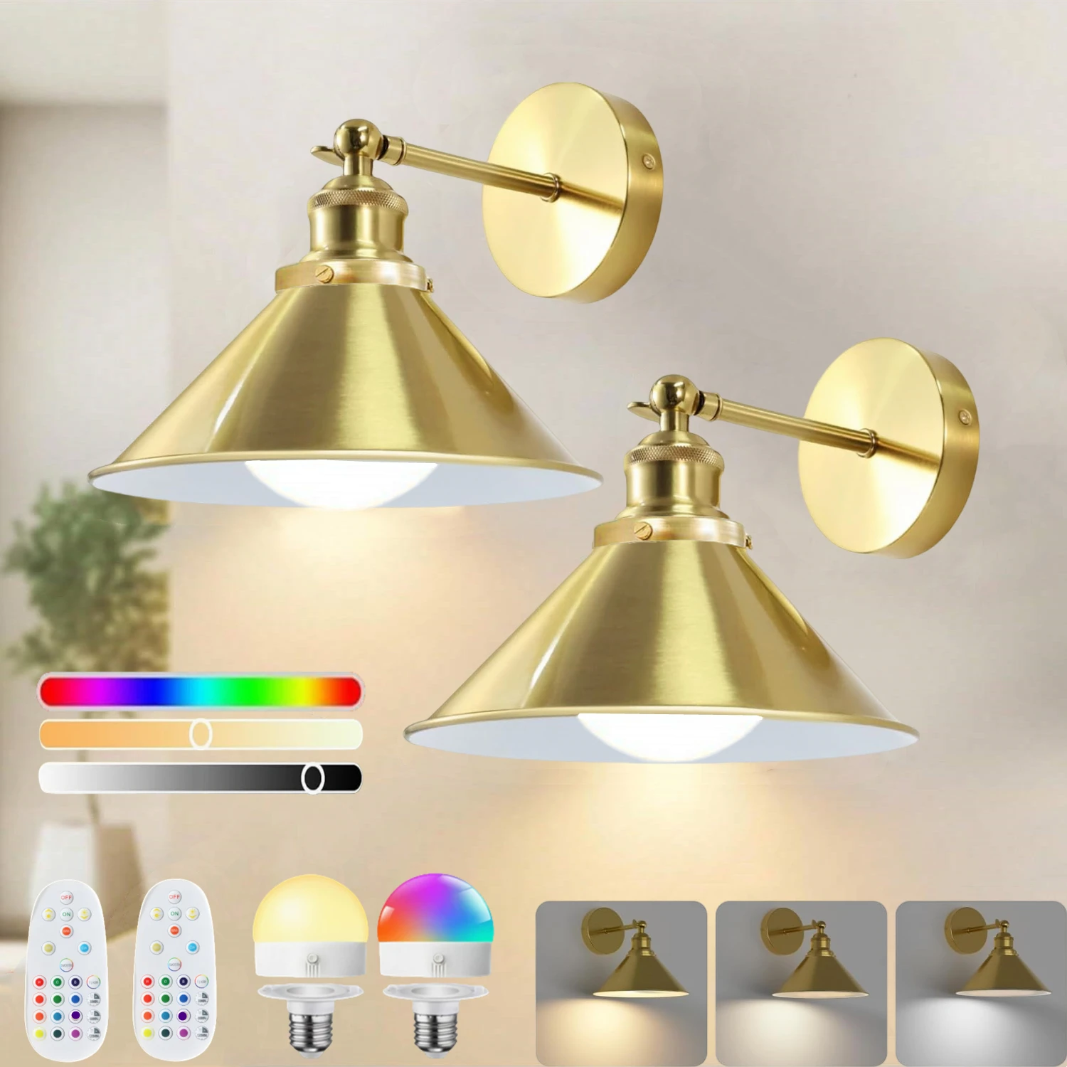 Kabellose Wiederaufladbare Batteriebetriebene Wandleuchte mit Dimmbarer, Abnehmbarer 15 RGB-Glühbirnen und Fernbedienung, 270 ° Verstellbare Wandleuchten eignen sich für Wohnzimmer, Schlafzimmer Image