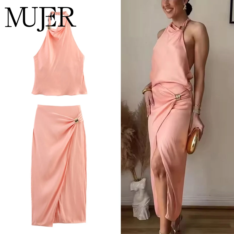 MUJER Rosa Faltenrock-Set, 2-teilig, für Damen, Satin, hohe Taille, Midirock, Damen, rückenfrei, Neckholder, bauchfreies Top, weiblicher Strand-Damenrock Image