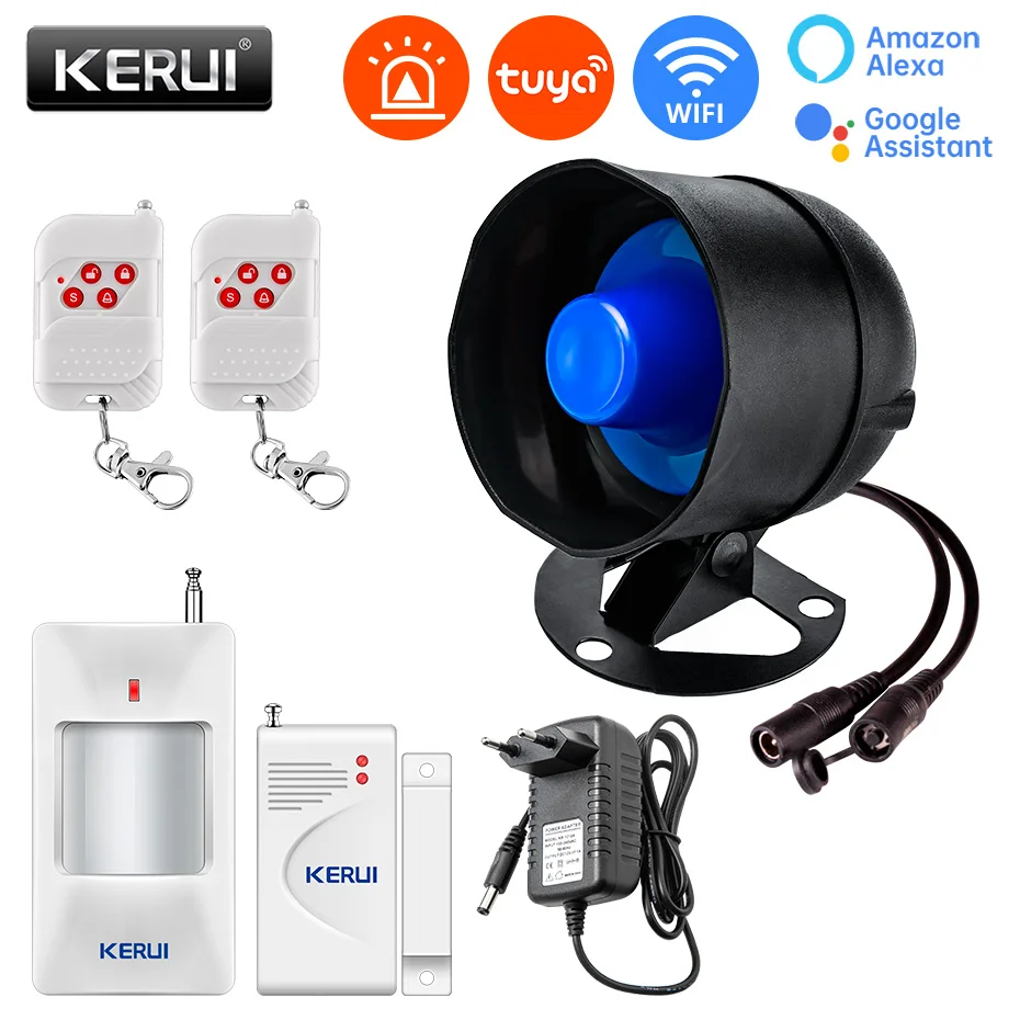 KERUI 120db WIFI Lautsprecher Horn Home Sirene Alarm Kit Einbrecher Sicherheitssystem mit Infrarot-Bewegungsmelder Türsensor Sirene Kit
