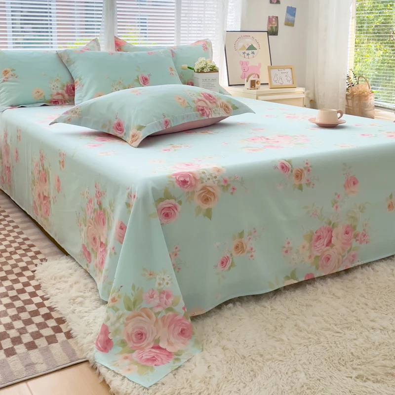 Bonenjoy Drap plat 100 % coton style floral, drap de lit doux pour la peau, linge de maison pour adultes et enfants (taie d