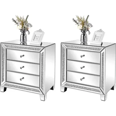 Mirrored Nightstands Set of 2, 23" W Glass Mirror Stand Set of 2, 3 Drawer, Nightstands