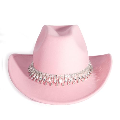 MTKCM White Cowgirl Cowboy Hat Wide Brim Bling Rhinestone Party Cap S2-PINK