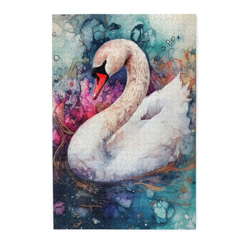 Cafemira 1000 Pcs Wooden Jigsaw,Watercolor Painting Swan,Adult Puzzle,Relax And Enjoy The Fun Of Solving Puzzles,Every Piece Is Unique,Challenging Brain Exercise,Gifts For Friends Family