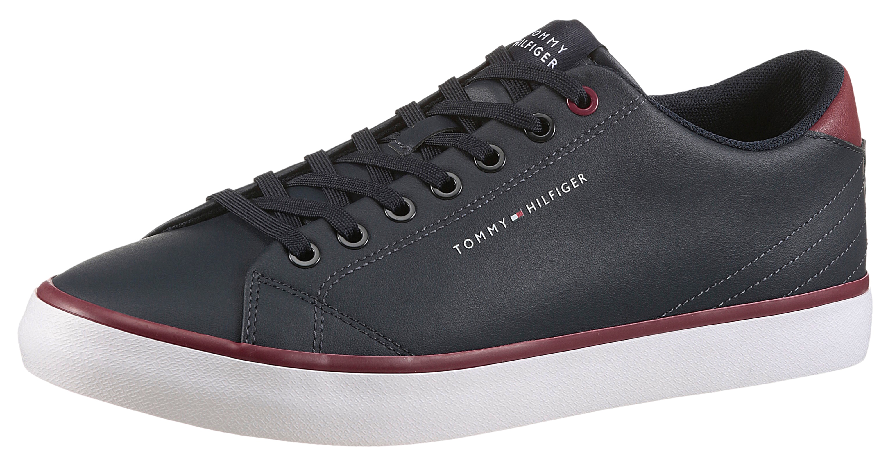 Sneaker TOMMY HILFIGER "TH HI VULC CORE LOW LEATHER", Herren, Gr. 42, blau (dunkelblau), Leder, Lederimitat, unifarben mit Farbeinsatz, Schuhe Sneaker, Freizeitschuh, Halbschuh, Schnürer mit gepolstertem Schaftrand
