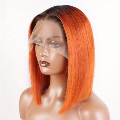 TEMU Kf Chocolate Brown To Ginger Ombre Bob Lace Front Wig - 13x4 Human Hair, 180% Density, Straight Style, Versatile Styling For All , Special Occasion Wig | Ombre Bob Wig | Human Hair Wig Image