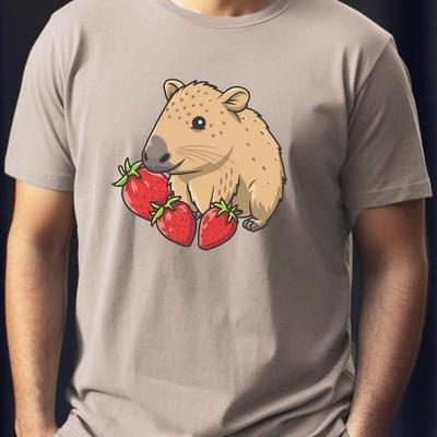 TEMU Capybara And Strawberries Print Tee Shirt, Tees For Men, Casual Short Sleeve T-shirt For Summer Image