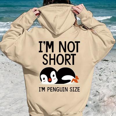 "TEMU Women's Penguin Graphic Hoodie - " Short, I'm Penguin Size" Print, Casual Long Sleeve Pullover With Front Pocket, Drawstring Hood, 100% Polyester, Machine Washable, Penguin Gifts" Image