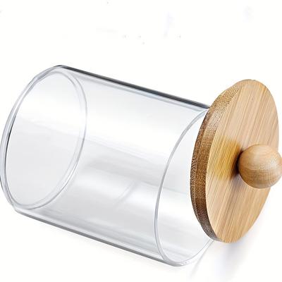 TEMU Transparent Plastic Medicine Jar With Bamboo Lid For Bathroom Storage Accessories, Suitable For Balls, Pens, Dental Floss Image