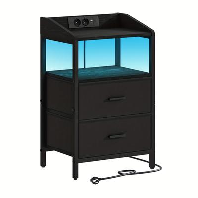 TEMU Bedside Table With Led Lights And Charging Station, Side Table With 2 Fabric Drawers And Shelves With Usb Ports & Sockets For Bedroom, Living Room, Image