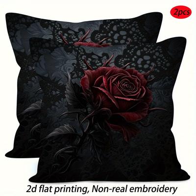 TEMU 2pcs Dark Gothic Rose 2d Double-sided Throw Pillow Covers, 100% Polyester, Hidden Zipper, Non-real Embroidery, Fun Prints For , Father's Day Living Room Couch Bed, No Filling Included Zxc5270 Image