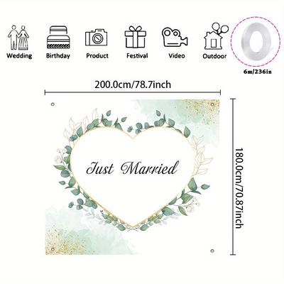 "TEMU 1pc Elegant Heart-shaped Wedding Backdrop | Cuttable Polyester Banner With "" Design, Wreath & Golden Accents | Ideal For Newlywed Celebrations & Wedding Surprises | X 78.7 Inches" Image