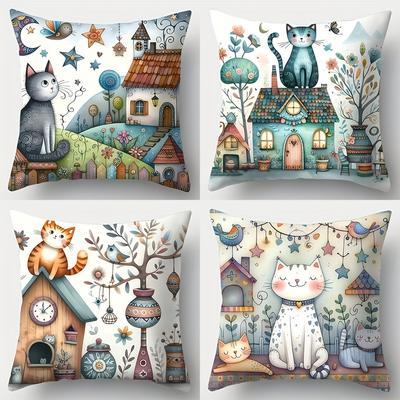 TEMU 4pcs Set, Sofa Pillowcase, Naughty Kitten Pillowcase, 17.7 Inches * 17.7 Inches, Single-sided Printing, Home Decoration, Sofa Lumbar Cover, Pillowcase Does Not Pillow Image