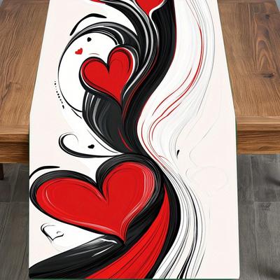 TEMU 1pc Romantic Abstract Heart Pattern Table Runner - , Design With Love Motif, Polyester, Ideal For Home Decor, Family Gatherings, Indoor/outdoor Use, Perfect Valentine's Day Gift Image