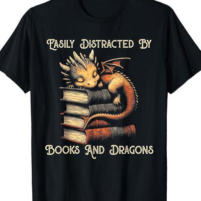 "TEMU Men's Book & Dragon Lover T-shirt - 100% Cotton, Black With "easily By Books And Dragons" Graphic, Casual Round Neck Tee For All , Apparel | Book Lovers Apparel | , Book Tshirt" Image