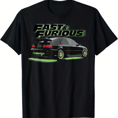 TEMU Men' & Japanese Car Graphic T-shirt - 100% Cotton Loose Fit Short Sleeve Tee With Green Font, Machine Washable Casual Shirt For Automotive Enthusiasts Image