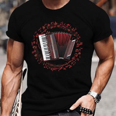 TEMU Music Accordion Illustration Print Tee Shirt, Tees For Men, Casual Short Sleeve T-shirt For Summer Image