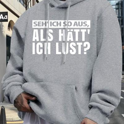 TEMU 1pc Men's Casual Hooded Sweatshirt With Humorous German Print, Polyester , Grey, Regular Fit, Machine Washable, Ideal For Autumn And Winter, Sweater Hoodie Image