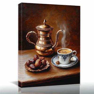 TEMU 1pc Arab Theme Framed Canvas Art Print – Traditional Linen Blend Wall Decor With Ornate Golden Teapot & Cup Design, Ready To Hang, 12x16 Inch, Living Room, Bedroom, Or Bar, Home Decor Image
