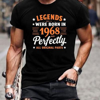 "TEMU Men's " Born In 1968" Graphic T-shirt - Casual Polyester Crew Neck Tee With Geometric Pattern, Short Sleeves, Regular Fit For Summer" Image