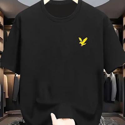 TEMU Men' Black Short-sleeve T-shirt With Yellow Eagle Logo - Lightweight, Breathable Polyester Blend, Regular Fit, Round Neck, Summer Casual Wear Image