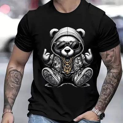 TEMU Men's Creative Casual Crew Neck T-shirt, Polyester Blend Knit Fabric, Regular Fit, With Applique, For Summer Tee, Outdoor Clothing | Bear Graphic Tee | Elastane , Bear T Shirt Image