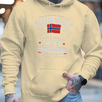 "TEMU Men's Norway Fjord Hoodie - Trendy Oversized Long Sleeve Sweatshirt With " Norway" Print, Yellow Velvet Casual Pullover For Fall And Winter, Plus Size" Image