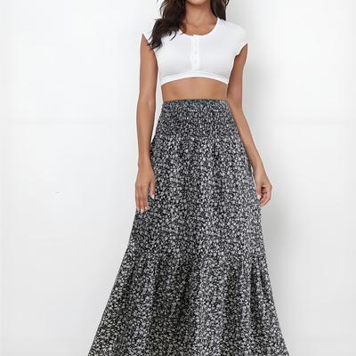 TEMU Chic Floral Print High-waisted Skirt For Women - A-line Flowy Maxi Skirt, Non-stretch Polyester Fabric, Machine Washable, Casual Outfits With Sleeveless Crop Top & Sandals Image