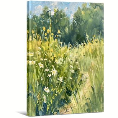 TEMU 1pc Large Wooden Framed Canvas Wall Art - Field With Yellow And White Flowers, Impressionistic Landscape Painting For Bedroom, Living Room, Office, Or Kitchen Decor Image